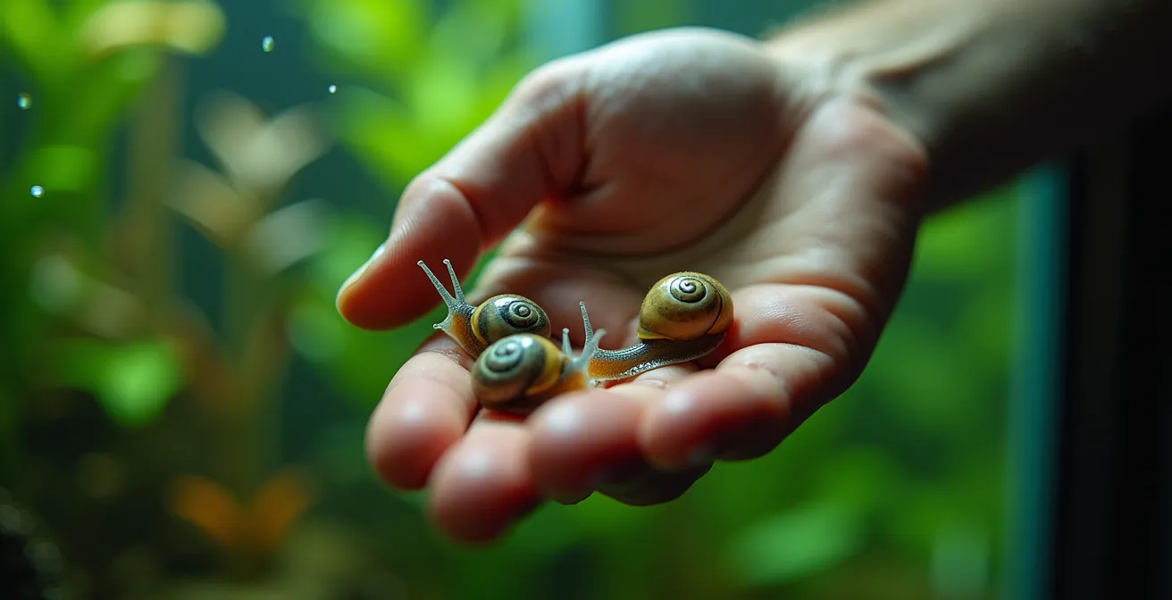 Main d'aquariophile retirant délicatement des escargots de l'aquarium
