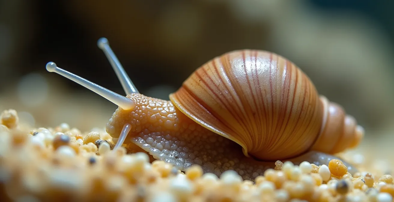 Vue macro d'un escargot Melanoides tuberculata fouissant dans le substrat