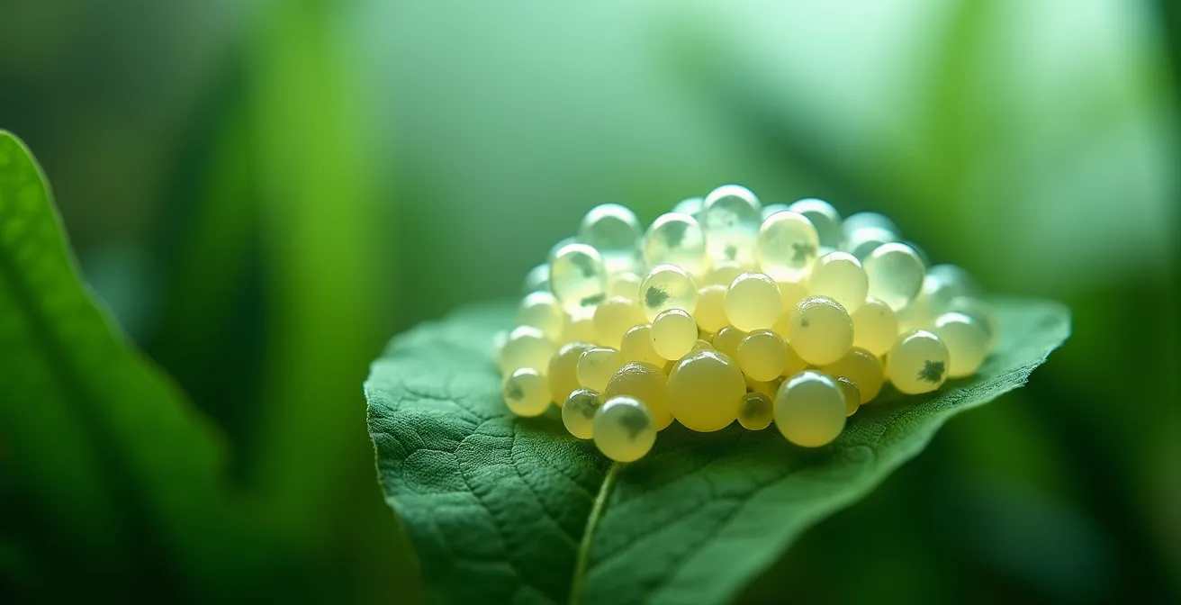 Gros plan sur une ponte d'œufs d'escargots transparents sur une feuille