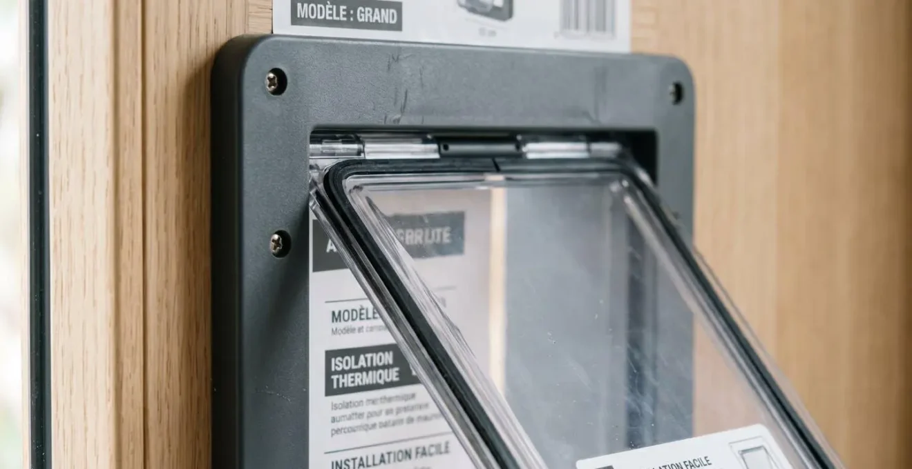 Gros plan technique sur une chatière pour grand chien montrant le cadre en plastique gris, le double volet transparent et le joint magnétique noir assurant l'isolation thermique