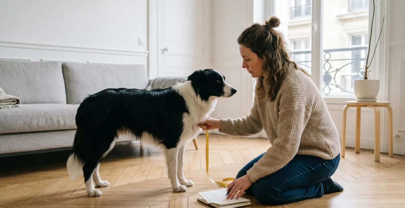 Propriétaire mesurant la largeur d'épaules de son border collie avec un mètre ruban dans un salon lumineux, étape préparatoire au choix de la chatière
